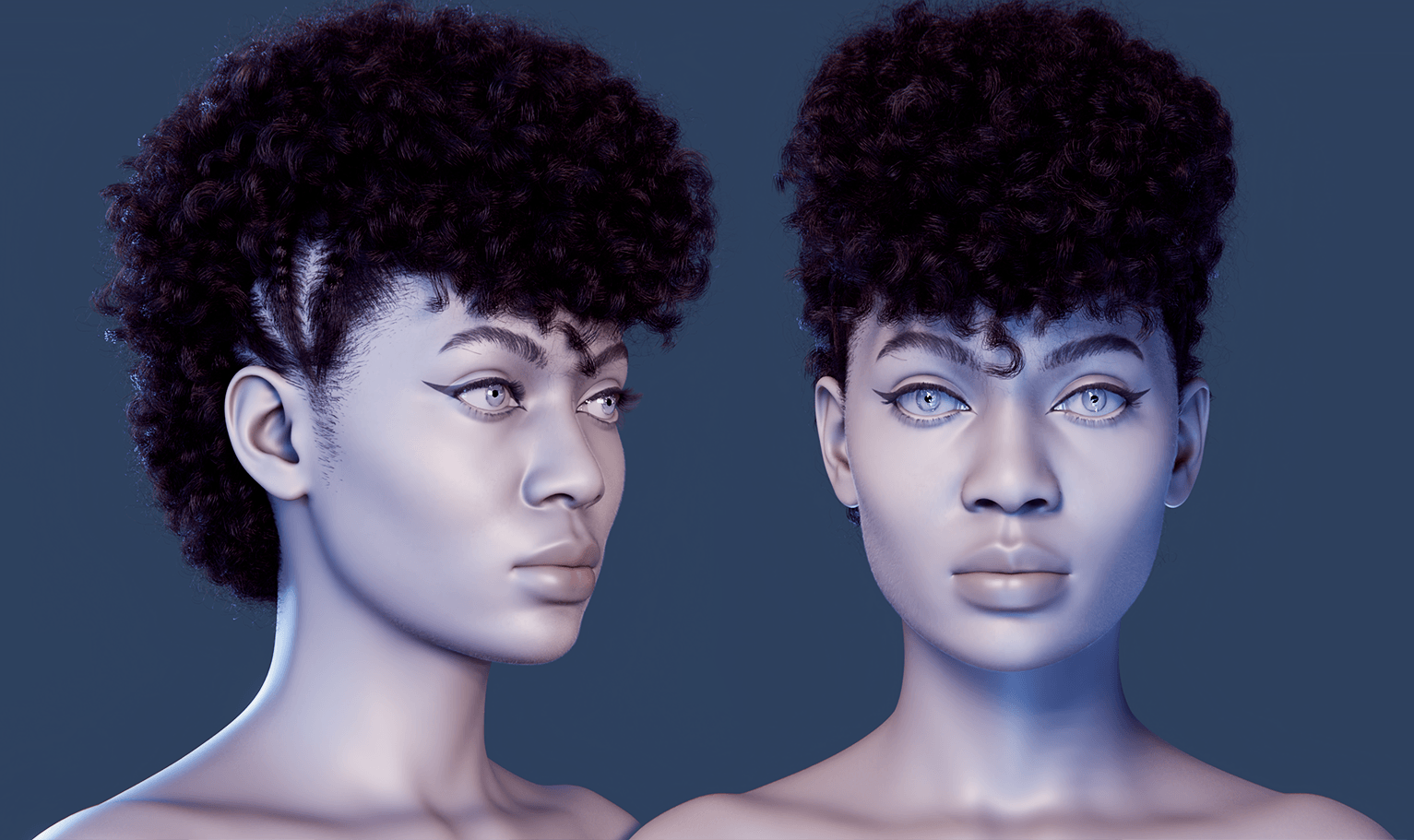 PixelHair pre-made female 3d character Curly Mohawk Afro in Blender using Blender hair particle system