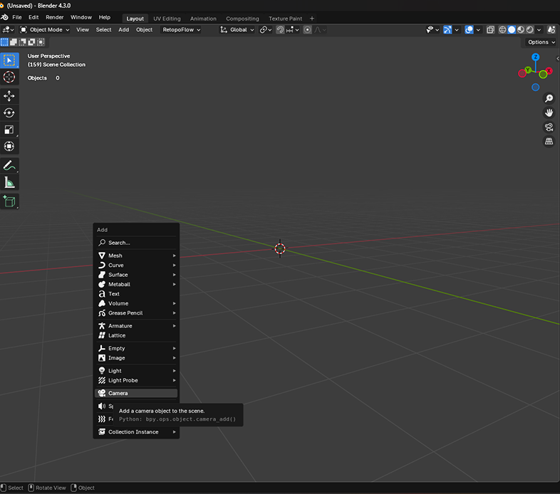 Blender add camera to scene