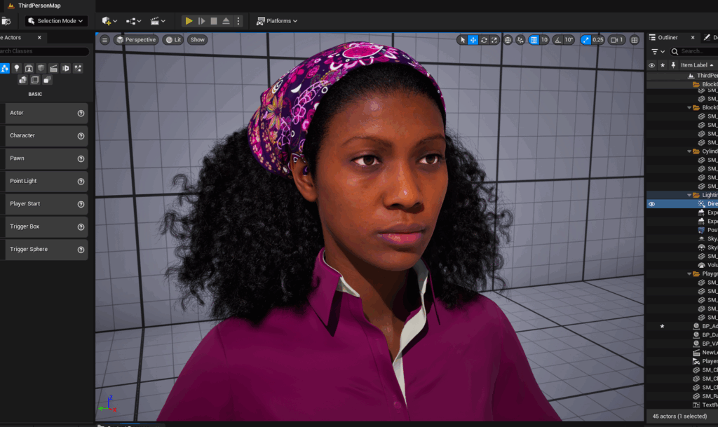 Pixelhair realistic female 3d character curly afro 4c hair on a metahuman in unreal engine 5 using blender hair particle system