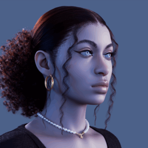yelzkizi PixelHair Realistic female 3d character curly afro 4c big bun hair with 2 curly strands in Blender using Blender hair particle system