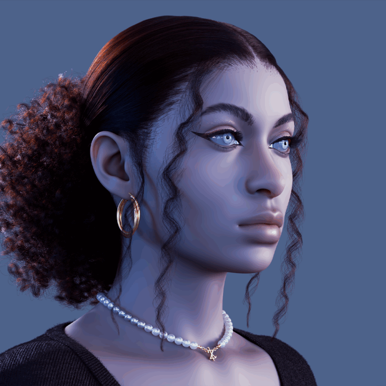 yelzkizi PixelHair Realistic female 3d character curly afro 4c big bun hair with 2 curly strands in Blender using Blender hair particle system