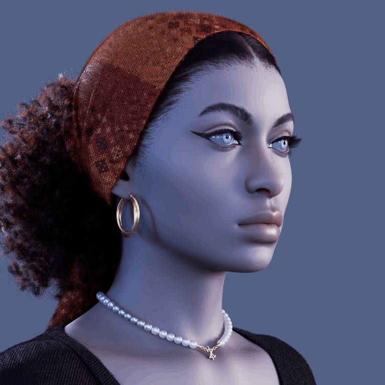 yelzkizi PixelHair Realistic female 3d character curly afro 4c big bun hair with scarf in Blender using Blender hair particle system