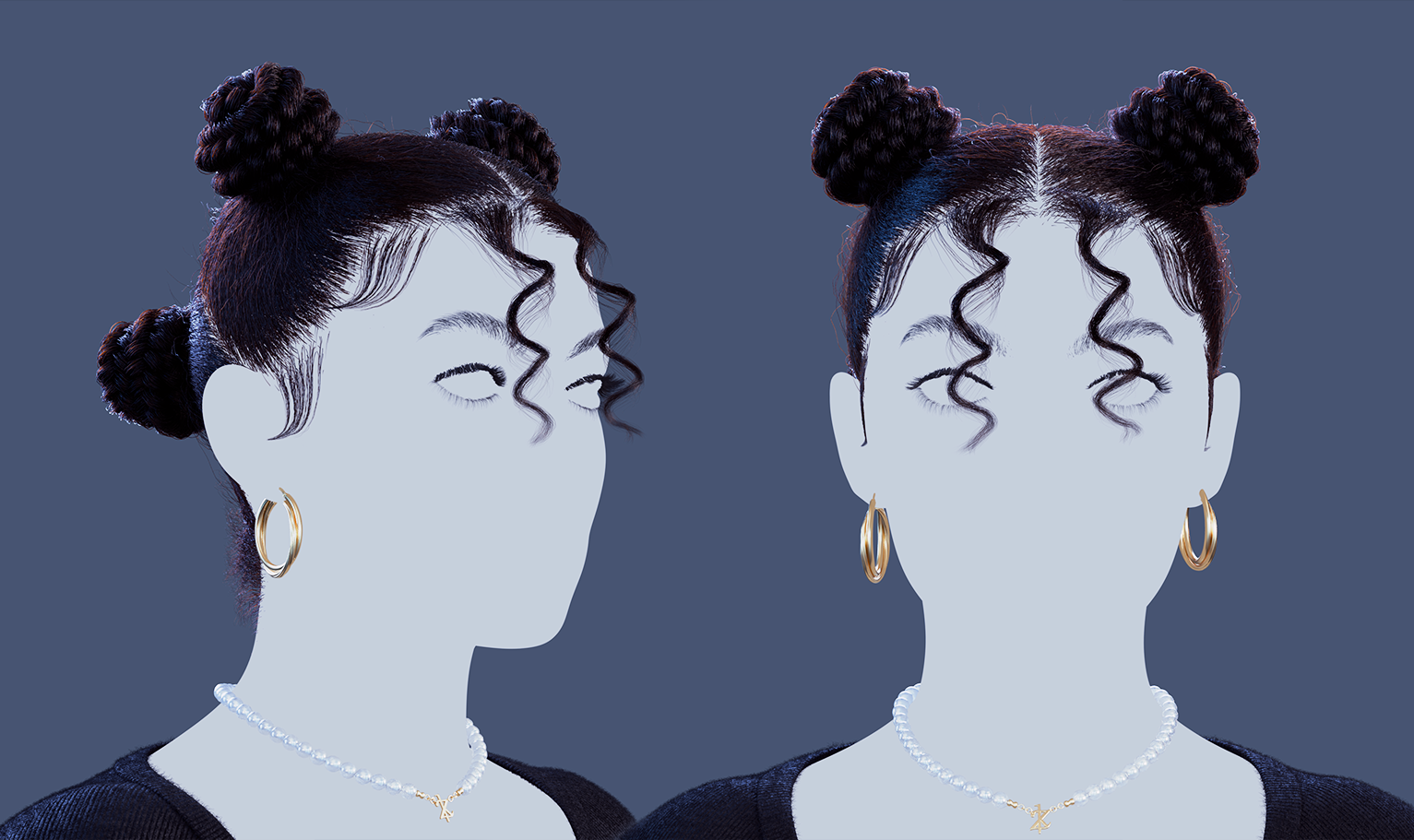 yelzkizi PixelHair Realistic female 3d character 4 braids knot 4c afro bun hair in Blender using Blender hair particle system