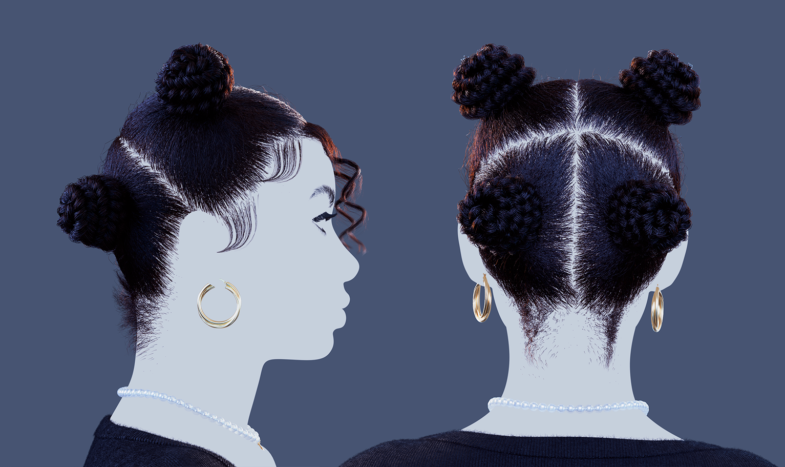 yelzkizi PixelHair Realistic female 3d character 4 braids knot 4c afro bun hair in Blender using Blender hair particle system