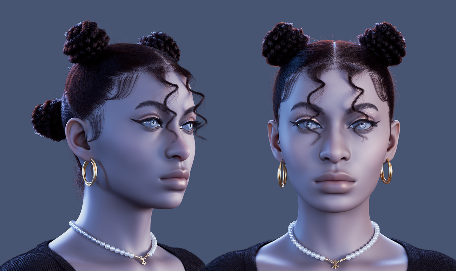 yelzkizi PixelHair Realistic female 3d character 4 braids knot 4c afro bun hair in Blender using Blender hair particle system