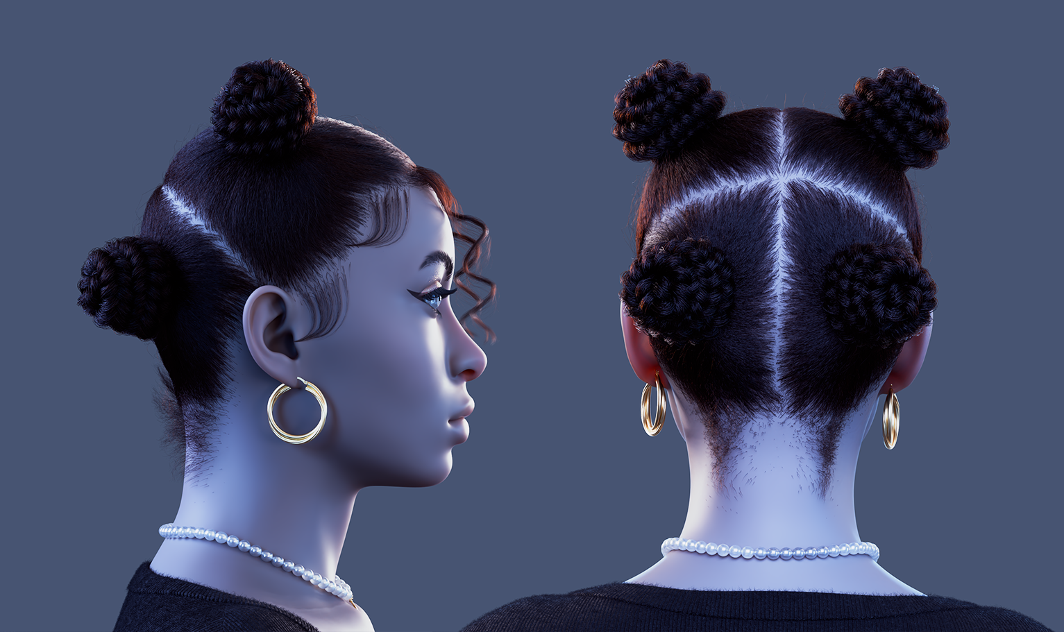 yelzkizi PixelHair Realistic female 3d character 4 braids knot 4c afro bun hair in Blender using Blender hair particle system