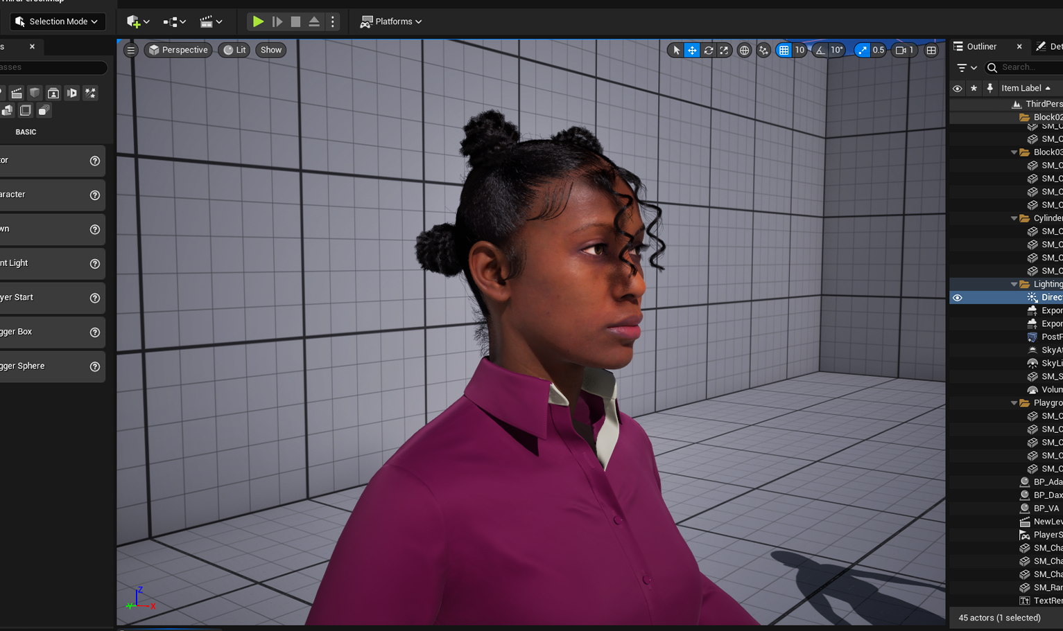 yelzkizi PixelHair Realistic female 3d character 4 braid bun afro 4c hair on a metahuman in Unreal Engine 5 using Blender hair particle system