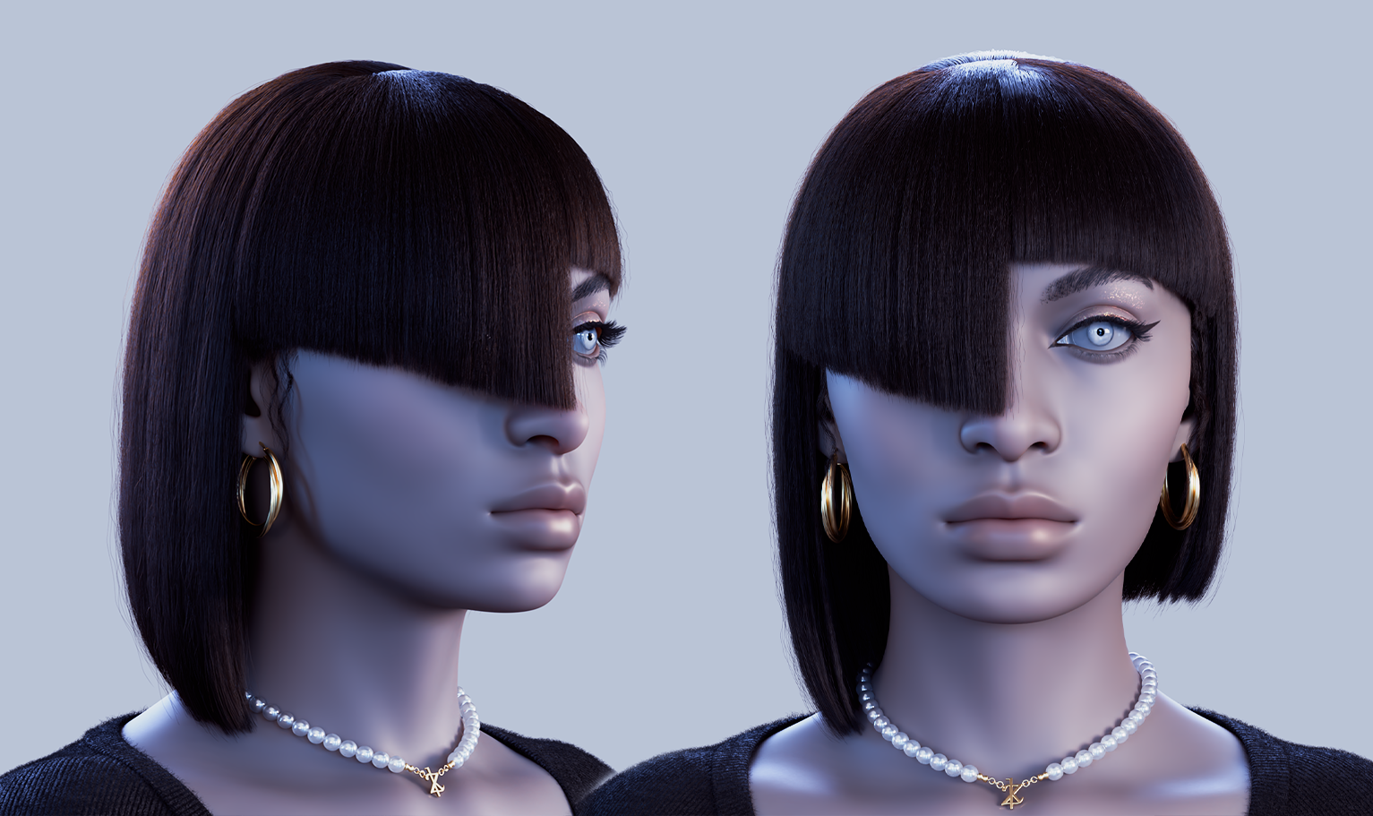 yelzkizi PixelHair Realistic female 3d character Cardi B bob wig with bangs 3d hair in Blender using Blender hair particle system