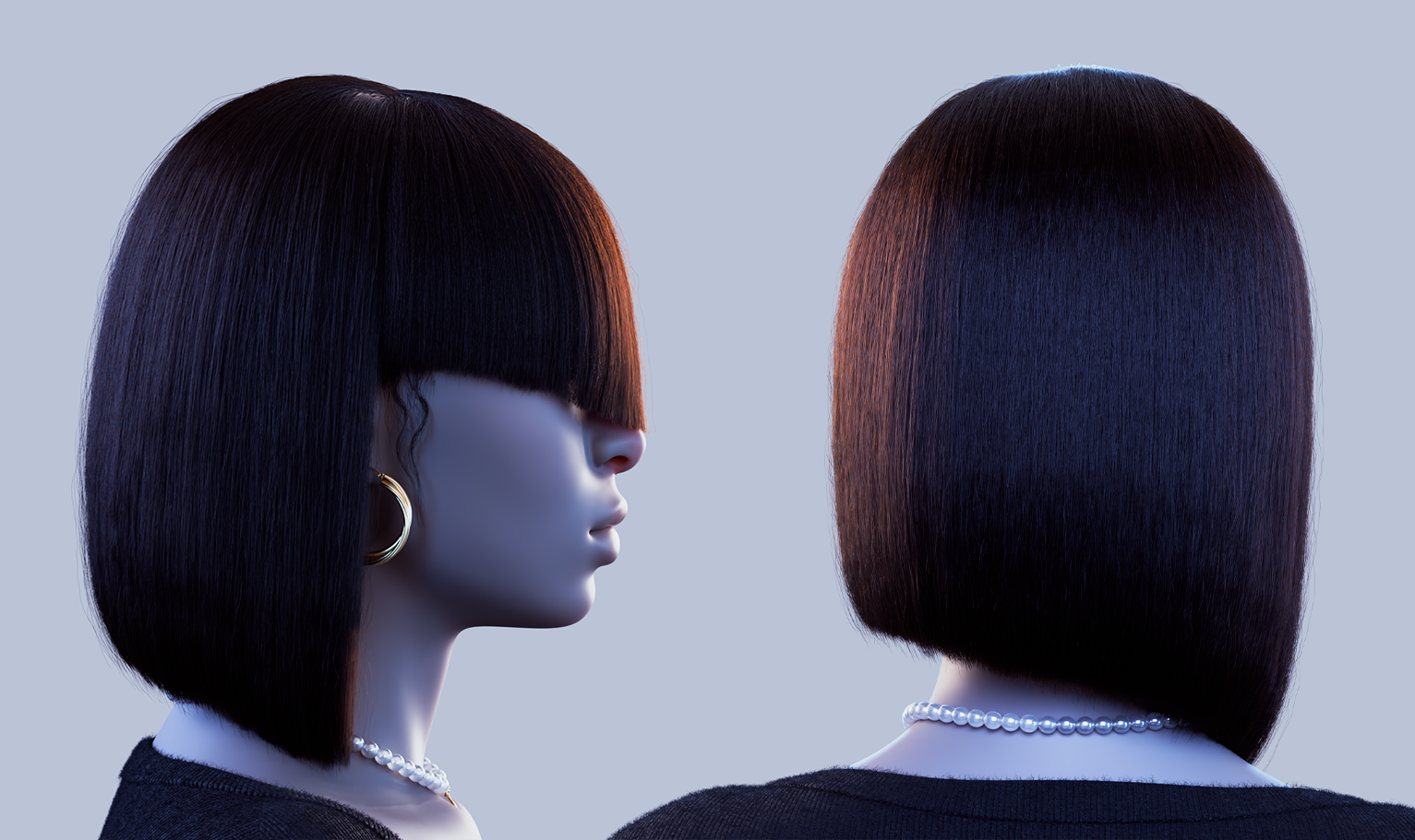yelzkizi PixelHair Realistic female 3d character Cardi B bob wig with bangs 3d hair in Blender using Blender hair particle system