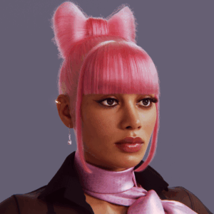yelzkizi PixelHair Realistic female 3d character Cardi B Bow Bun with bangs and stray strands on both sides of the head 3d hair in Blender using Blender hair particle system