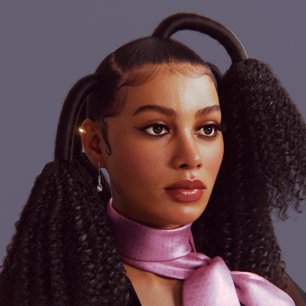 Home Yelzkizi pixelhair realistic female 3d character unique bantu puff twist hairstyle with curled afro ends and sleek parted base 3d hair in blender using blender hair particle system