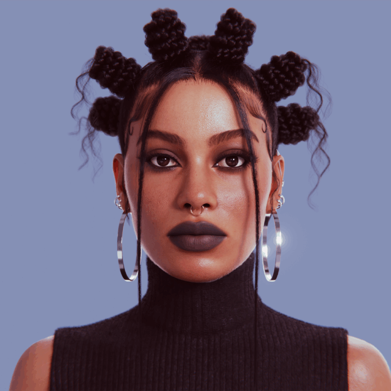 yelzkizi PixelHair Realistic female 3d character braided bantu knots with hair strands on both sides of the head 3d hair in Blender using Blender hair particle system