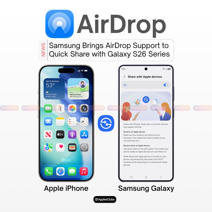 Yelzkizi samsung galaxy s26 is about to get airdrop: how quick share will send files to iphone, ipad, and mac