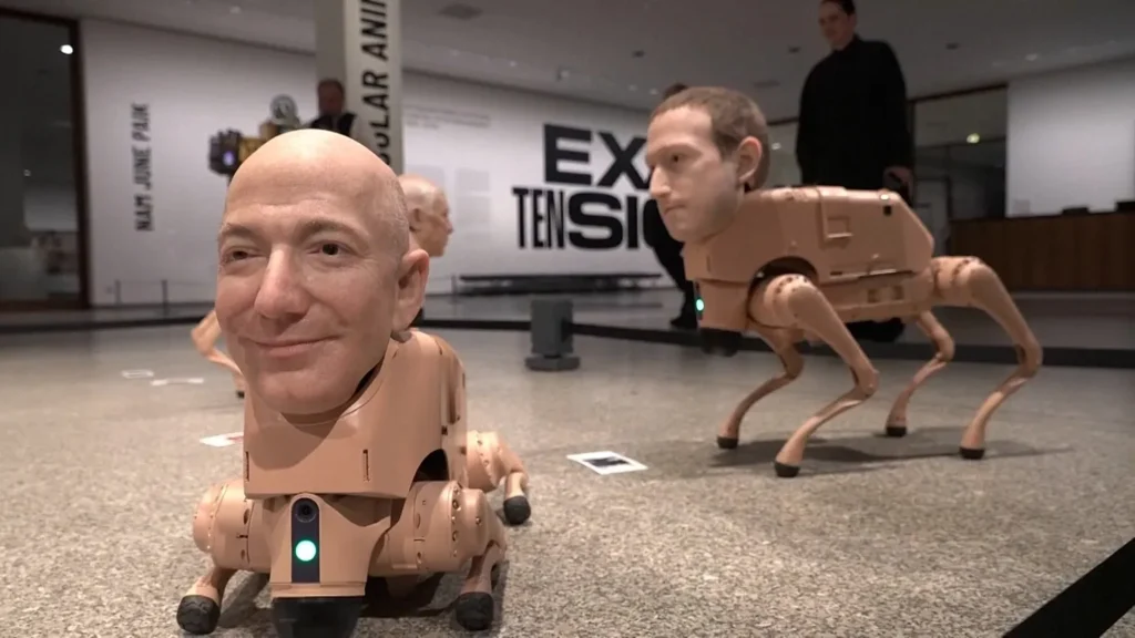 Beeple’s neue nationalgalerie installation: robot dogs with elon musk and mark zuckerberg heads take over berlin art scene