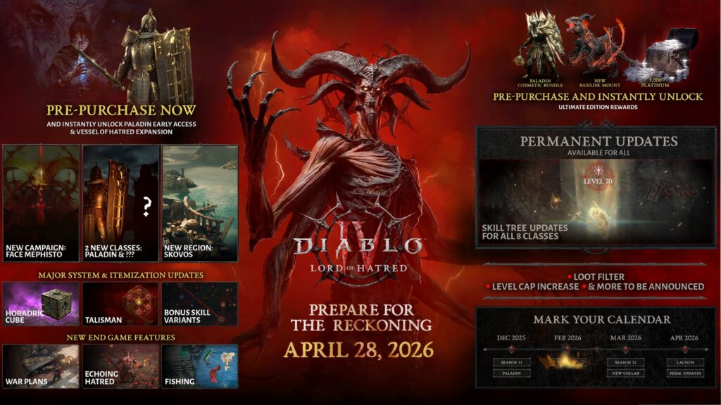 Diablo 4: lord of hatred global release times and details confirmed: launch schedule, preload, patch 3. 0. 0, and season start