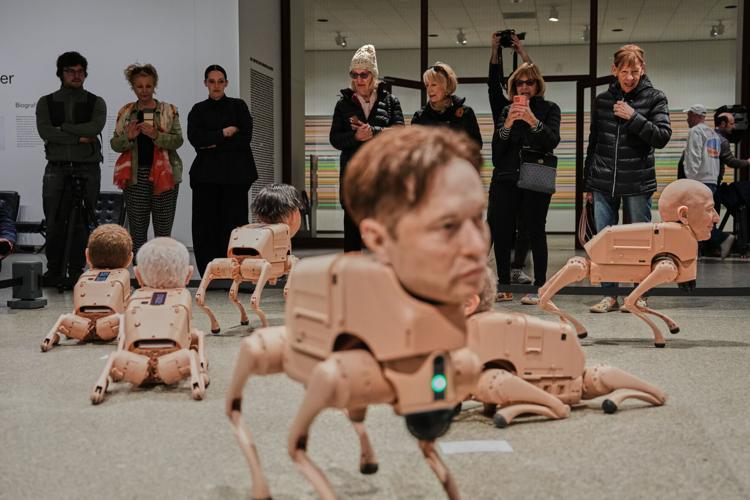 Beeple’s neue nationalgalerie installation: robot dogs with elon musk and mark zuckerberg heads take over berlin art scene