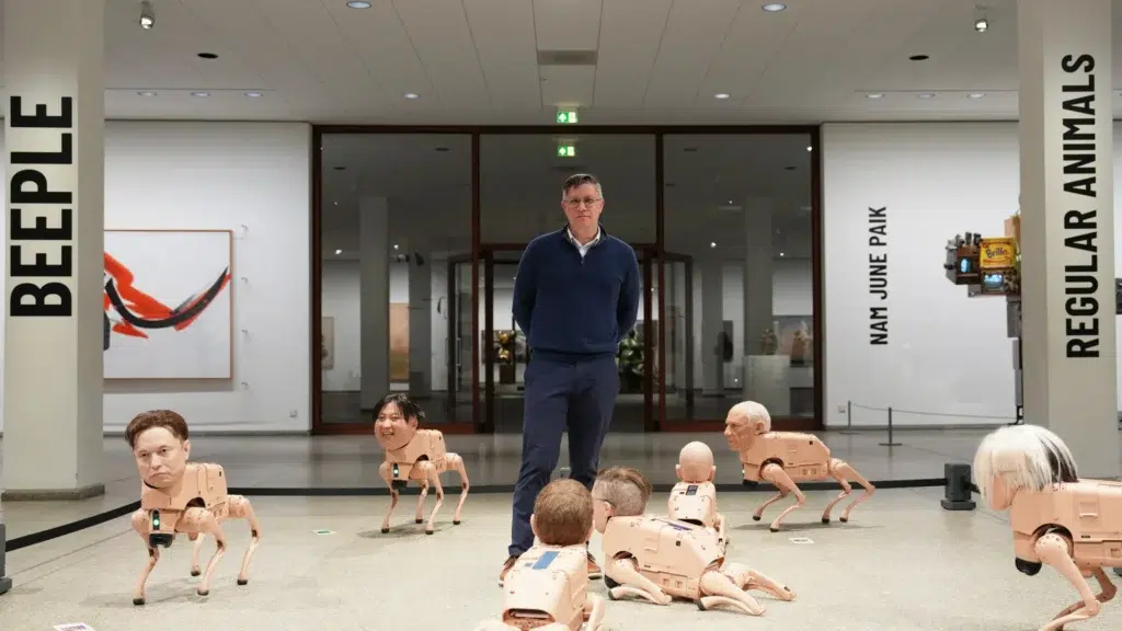 Beeple’s neue nationalgalerie installation: robot dogs with elon musk and mark zuckerberg heads take over berlin art scene