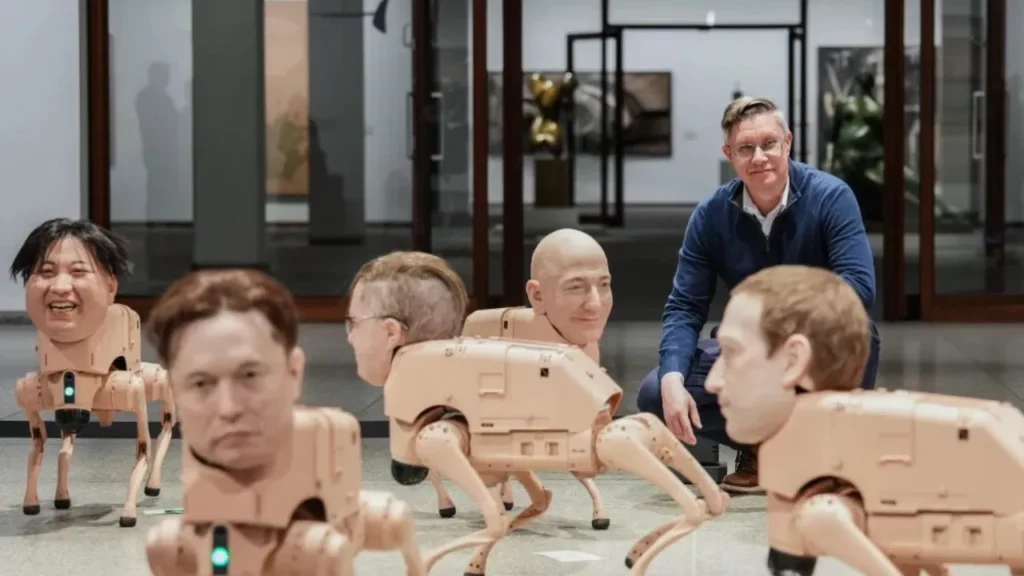 Beeple’s neue nationalgalerie installation: robot dogs with elon musk and mark zuckerberg heads take over berlin art scene