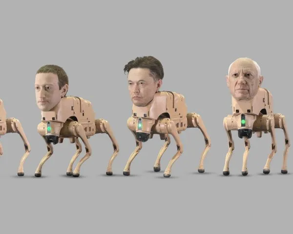 Beeple’s neue nationalgalerie installation: robot dogs with elon musk and mark zuckerberg heads take over berlin art scene