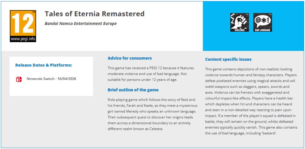 Yelzkizi tales of eternia remastered appears on age rating website: pegi listing leak, platforms, release date rumors, and what it could mean