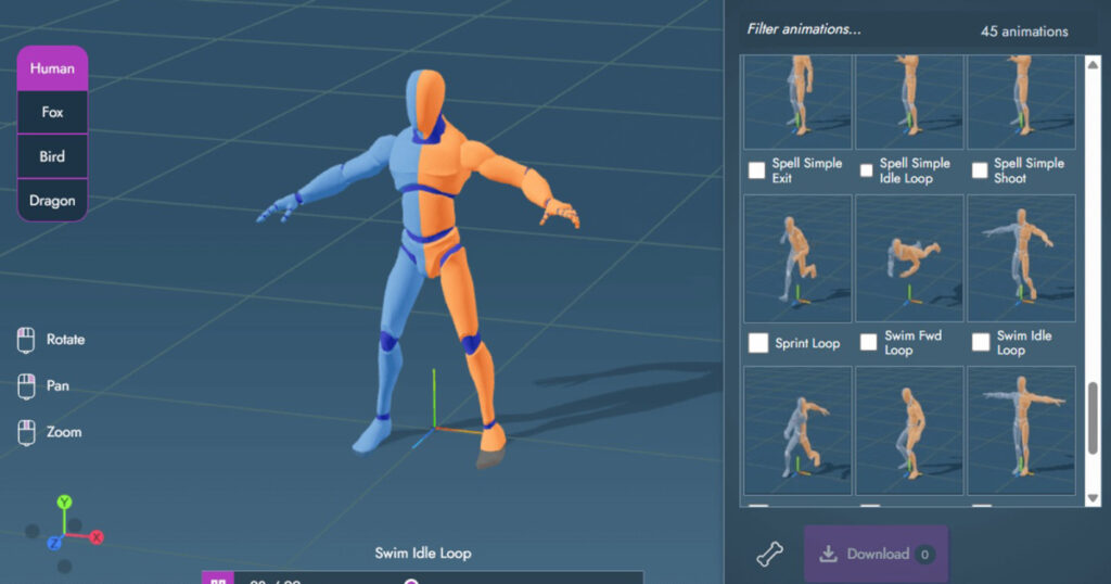 Yelzkizi mesh2motion animation app introduces spider and snake rigs in release 10