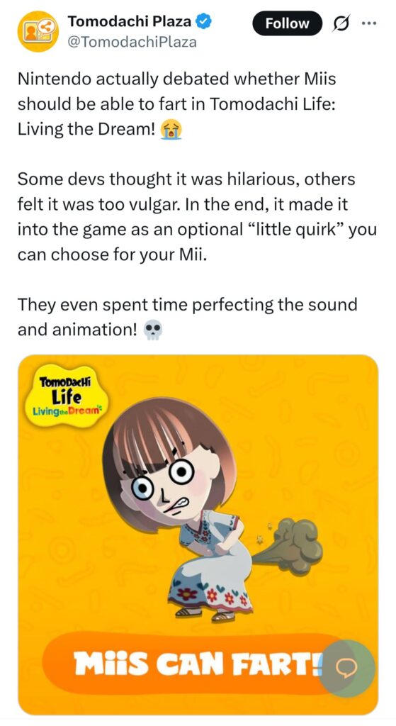 Yelzkizi nintendo developers obsessed over getting farting right in tomodachi life — here’s why it took years