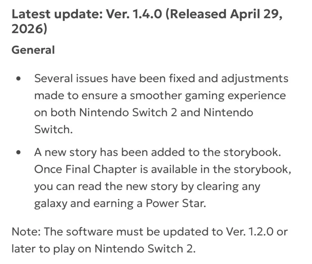 Super Mario Galaxy 2 Surprise Update Adds More Story: Version 1.4.0 Patch Notes, New Storybook Chapter, And How To Unlock It Super mario galaxy 2 surprise update adds more story: version 1. 4. 0 patch notes, new storybook chapter, and how to unlock it