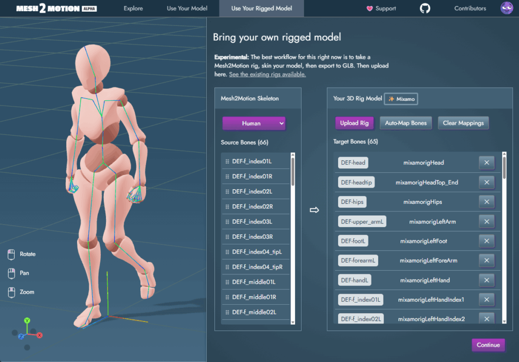 Yelzkizi mesh2motion animation app introduces spider and snake rigs in release 10