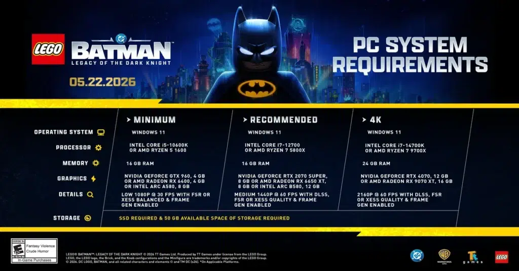 Lego batman: legacy of the dark knight pc requirements demand lots of ram (minimum & recommended specs guide)